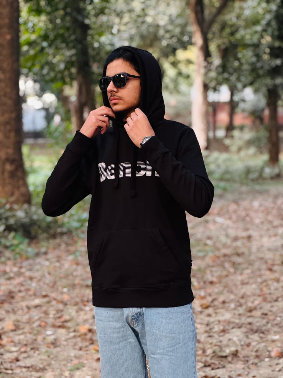 Men's Black Logo Stripe Graphic Pullover Hoodie